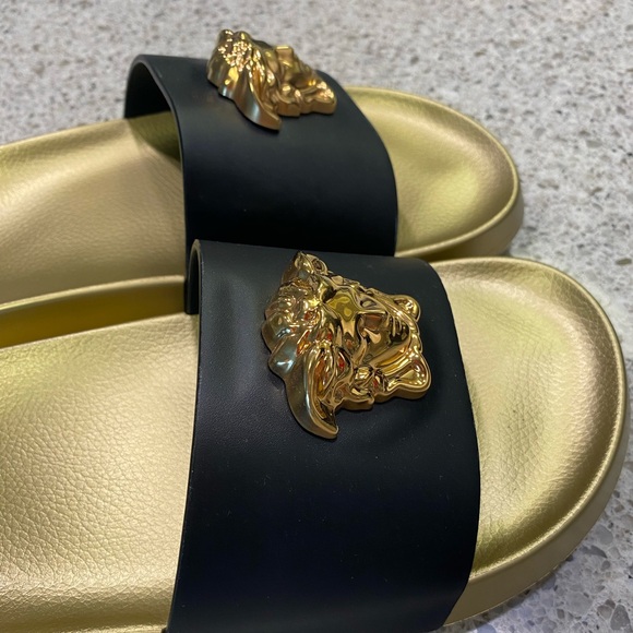 VERSACE Black & Gold 'La Medusa' Slides - Picture 10 of 12